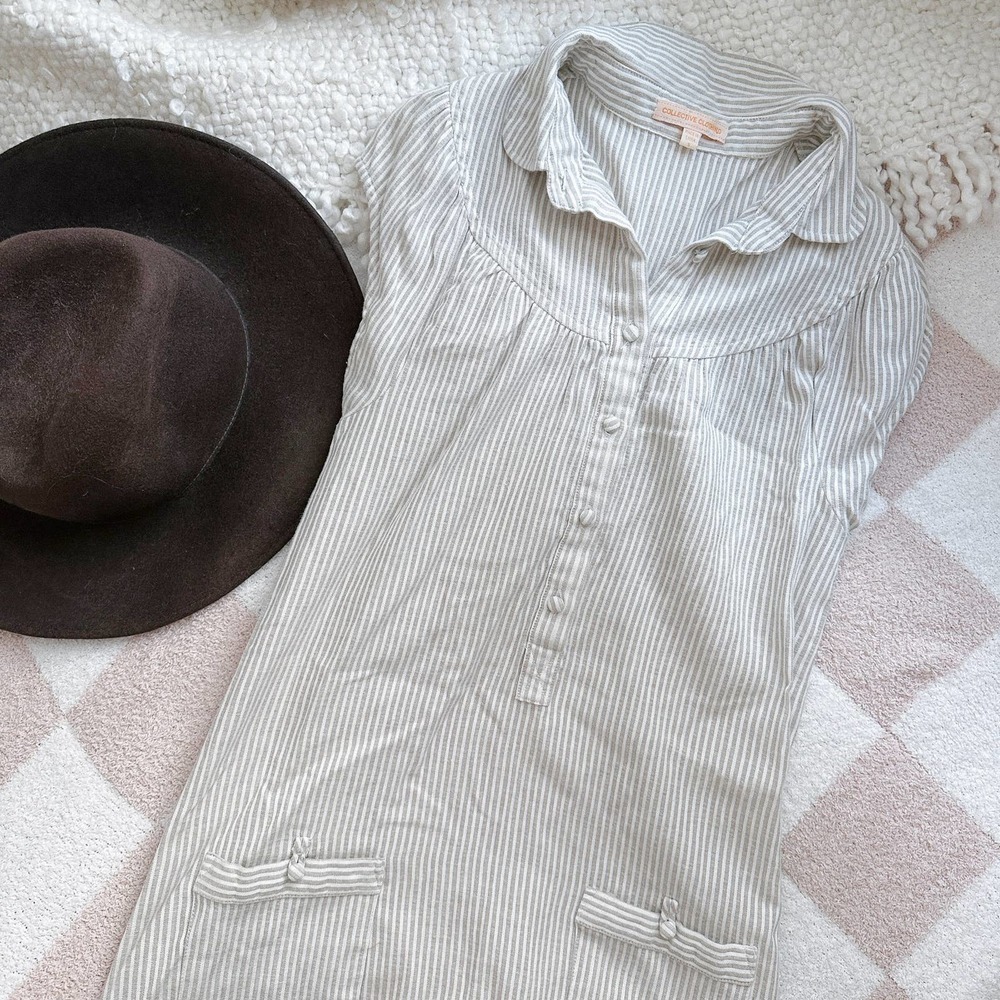 Linen-Blend Striped Mini Dress in Light Gray - Casual Button Front